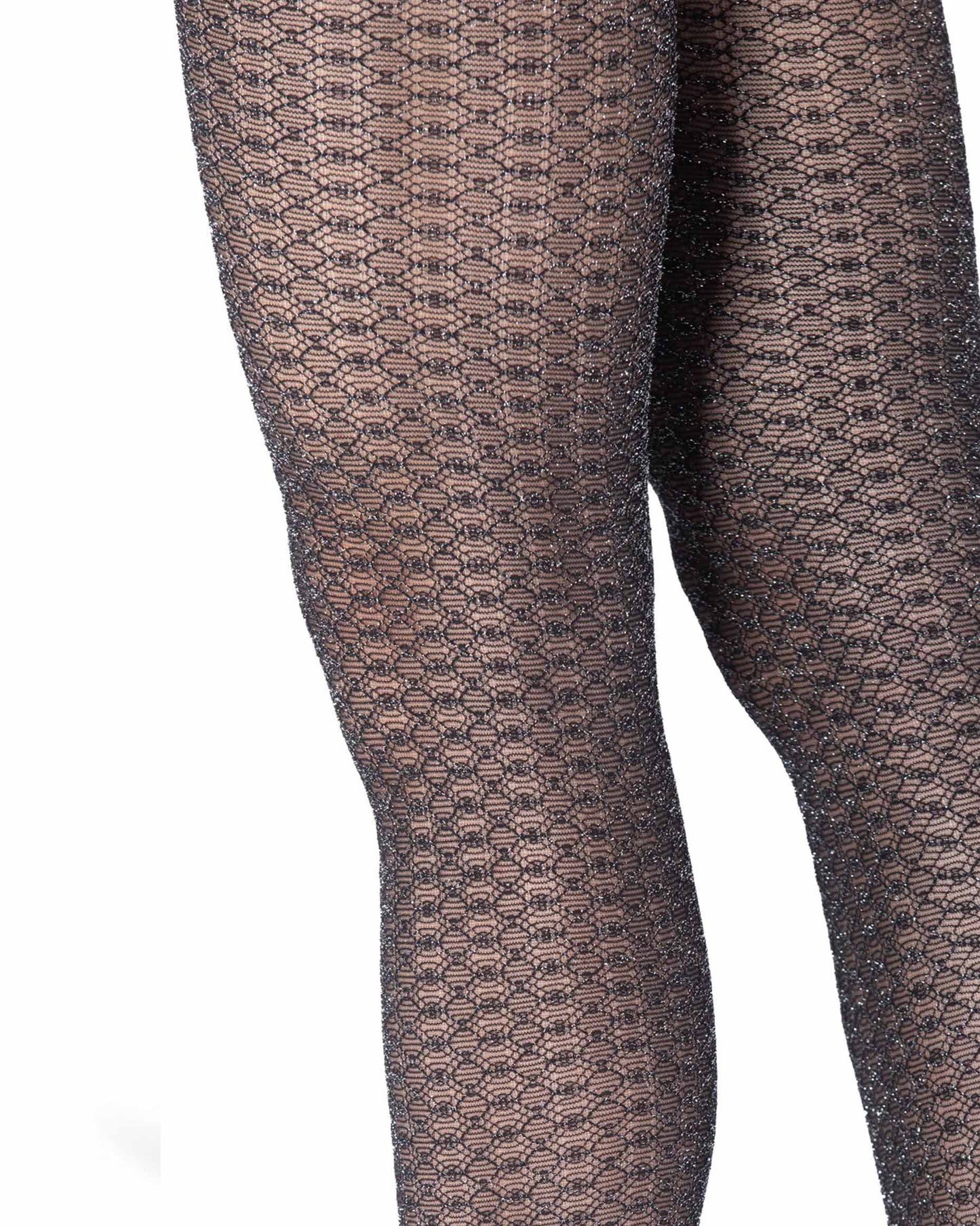 Emilio Cavallini Metallized Beehive Tights - Sheer black micro mesh tights with a circular lace style pattern with sparkly silver lamé lurex