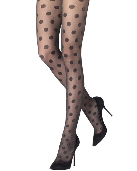 Emilio Cavallini Metallized Polka Dot Tights - Sheer black spot patterned tights with gold sparkly lamé, boxer brief, flat seams, gussets and reinforced toe.