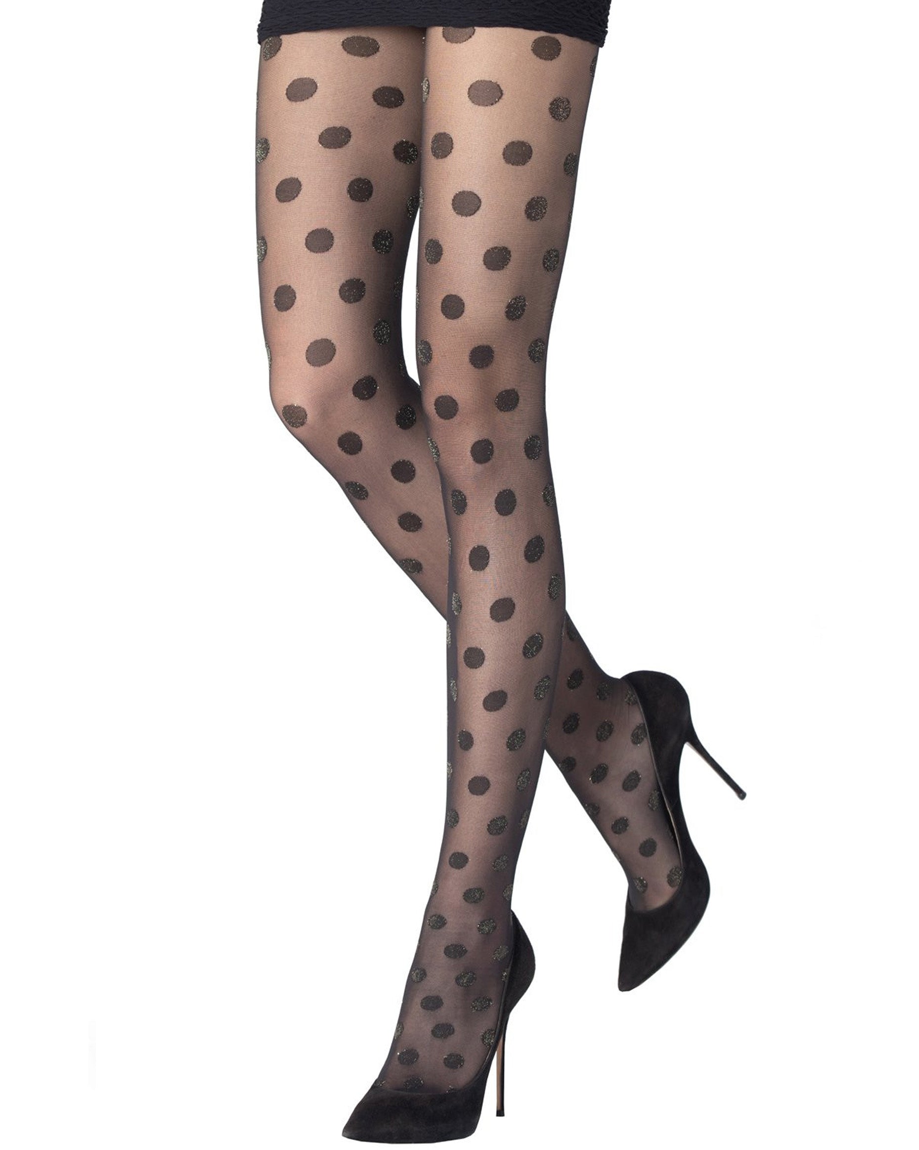 Emilio Cavallini Metallized Polka Dot Tights - Sheer black spot patterned tights with gold sparkly lamé, boxer brief, flat seams, gussets and reinforced toe.