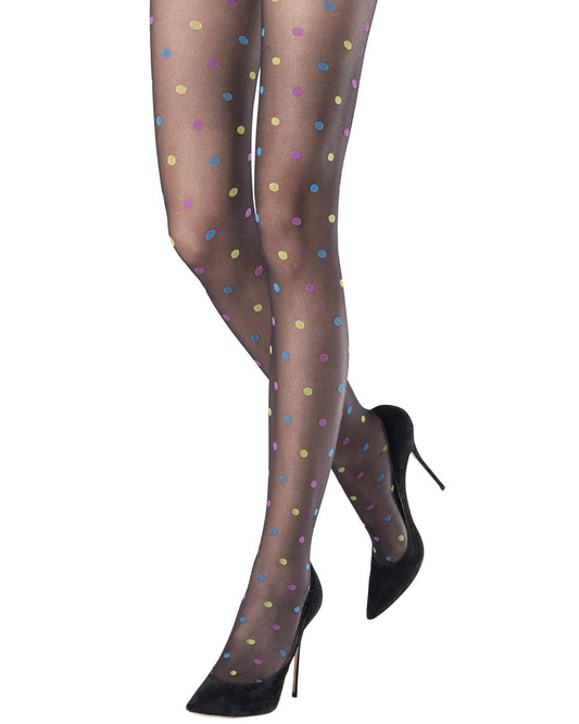 Emilio Cavallini 5F02.1.34 4T Multi Spot Tights - Sheer black fashion tights with multicoloured polka dot pattern. Worn with black stilettos.