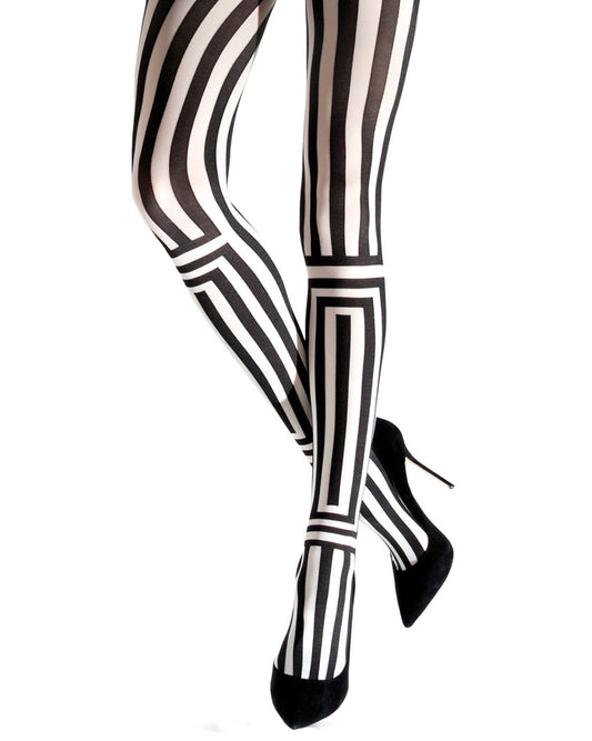 Emilio Cavallini Two Toned Optica Tights - black and white geometric striped tights, worn with black high heels.