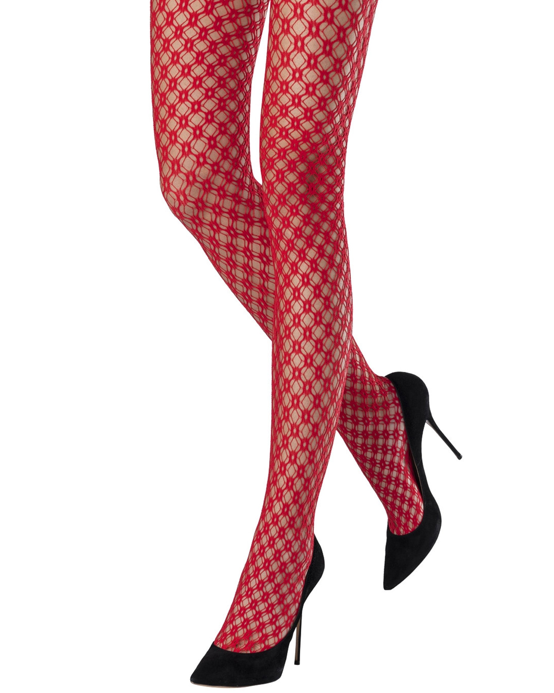 Emilio Cavallini Prism Net Tights - Red openwork geometric diamond style fashion tights.
