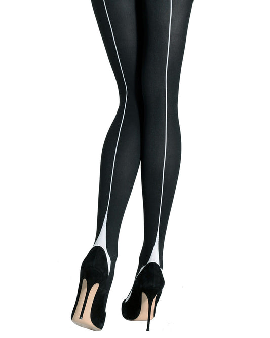 Emilio Cavallini Two Toned Pyramid Tights - black opaque tights with white back-seam, worn with black stilettos.