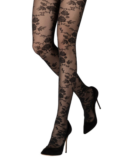 Emilio Cavallini Roses Vine Tights - Sheer black micro-mesh fashion tights with a woven rose and leaf style pattern, worn with stilettos.