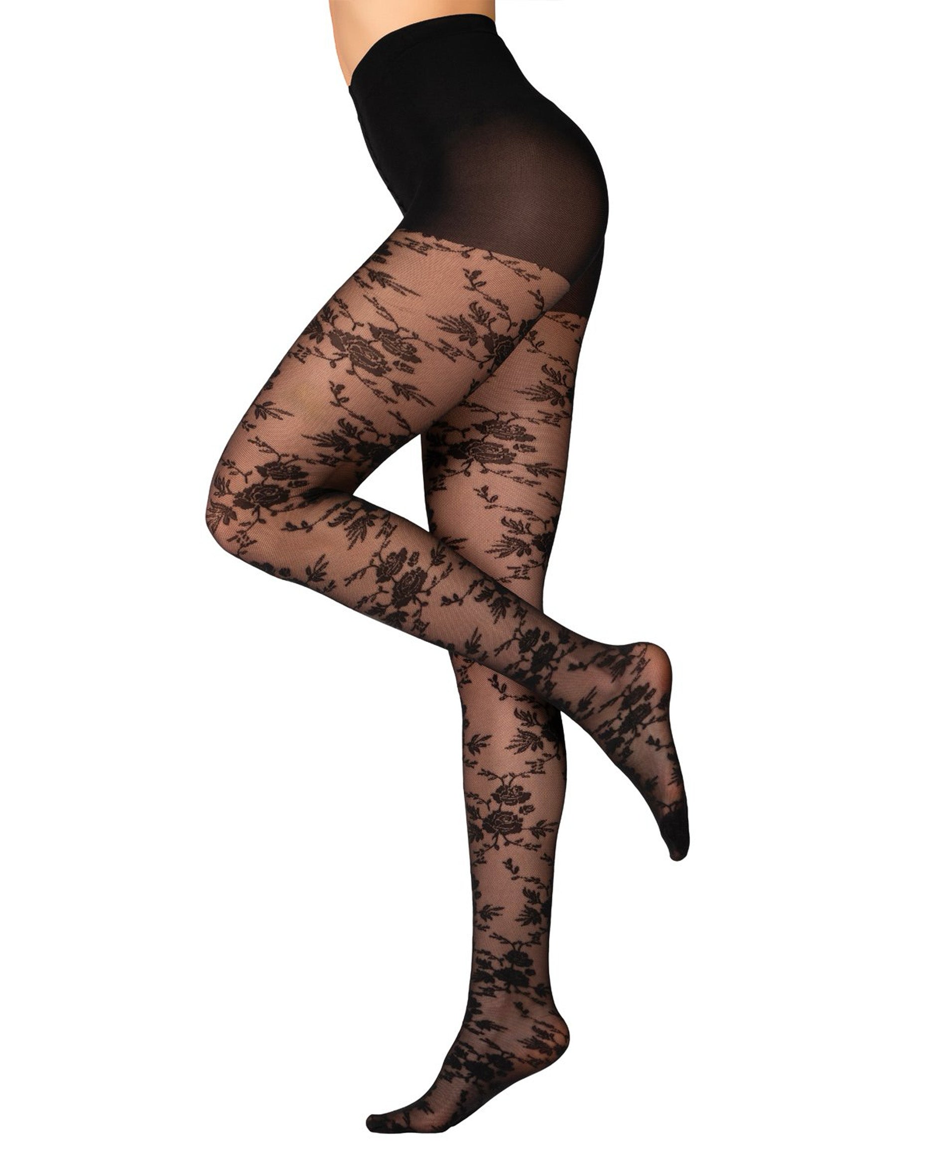 Emilio Cavallini Roses Vine Tights - Sheer black micro-mesh fashion tights with a woven rose and leaf style pattern with boxer top brief, side view.