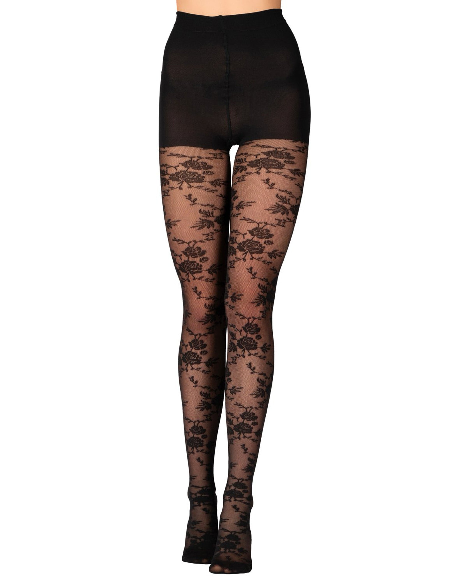 Emilio Cavallini Roses Vine Tights - Sheer black micro-mesh fashion tights with a woven rose and leaf style pattern, with boxer top brief.