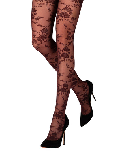 Emilio Cavallini Roses Vine Tights - Sheer wine/burgundy micro-mesh fashion tights with a woven rose and leaf style pattern, worn with stilettos.