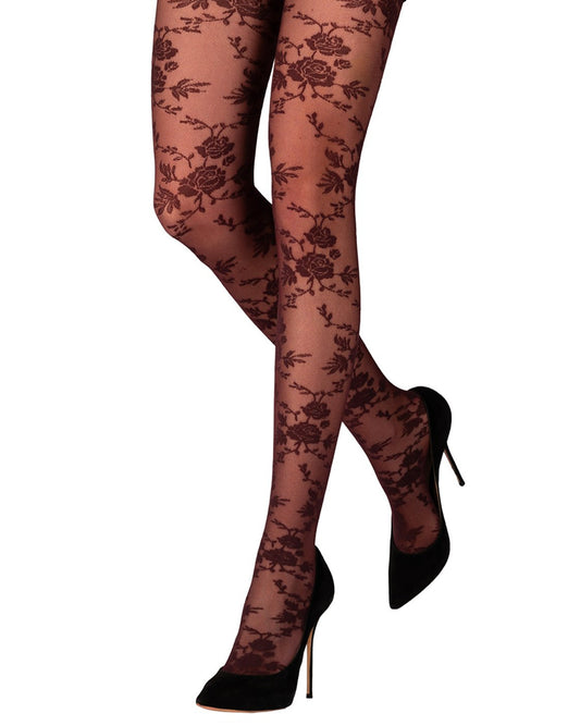 Emilio Cavallini Roses Vine Tights - Sheer wine/burgundy micro-mesh fashion tights with a woven rose and leaf style pattern, worn with stilettos.