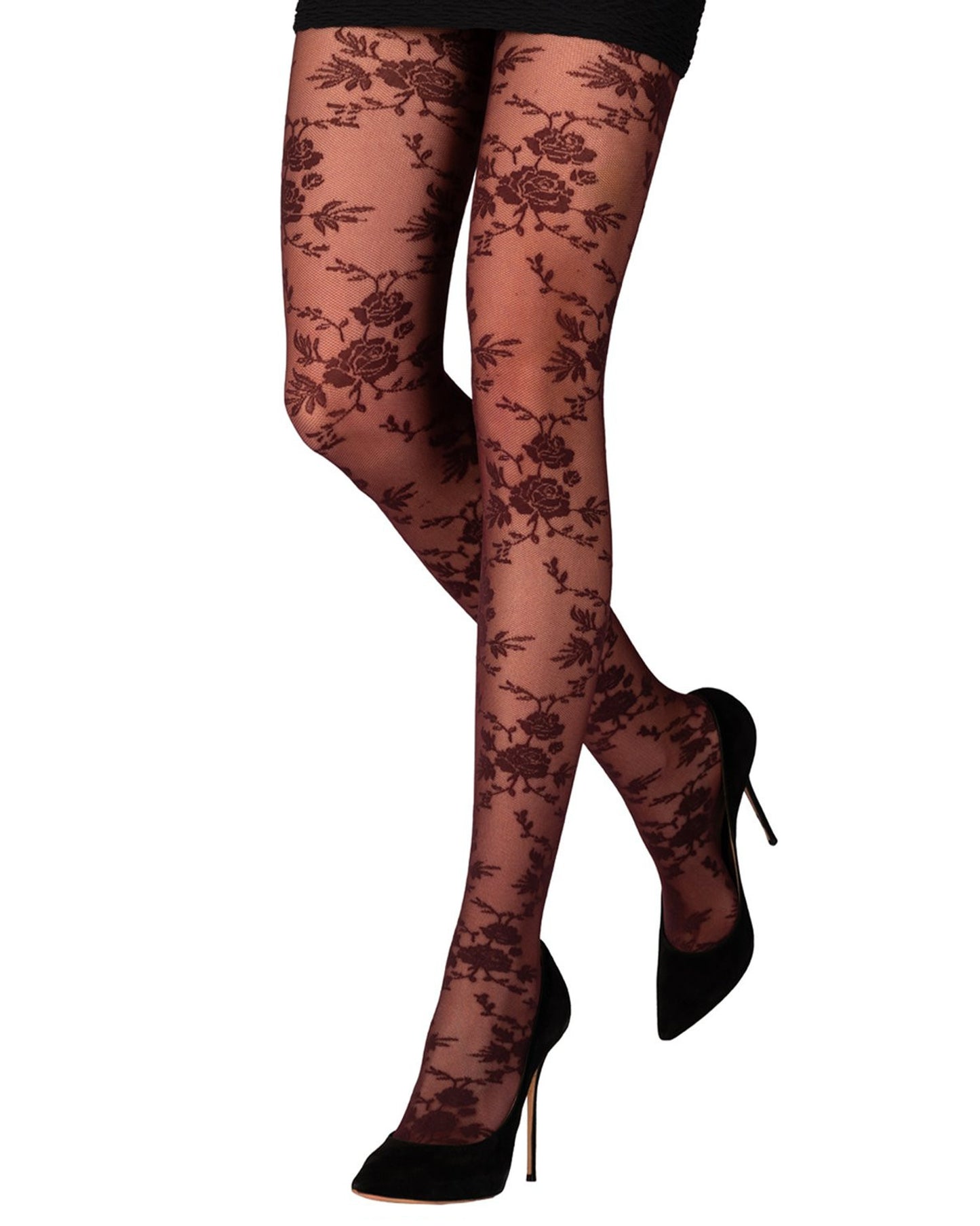 Emilio Cavallini Roses Vine Tights - Sheer wine/burgundy micro-mesh fashion tights with a woven rose and leaf style pattern, worn with black mini skirt and high heel stilettos.