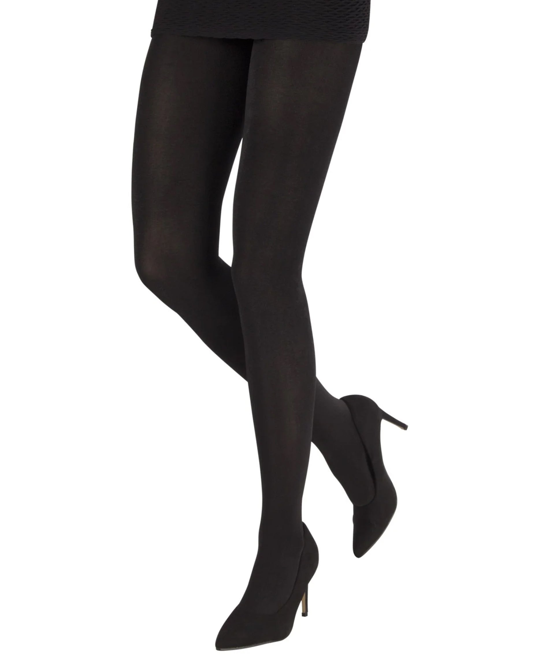 Emilio Cavallini 1258.1.10 Shiny Tights - black 200 denier ultra opaque gloss tights, worn with black mini skirt and stilettos.