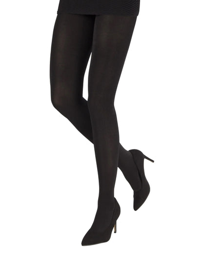 Emilio Cavallini 1258.1.10 Shiny Tights - black 200 denier ultra opaque gloss tights, worn with black mini skirt and stilettos.