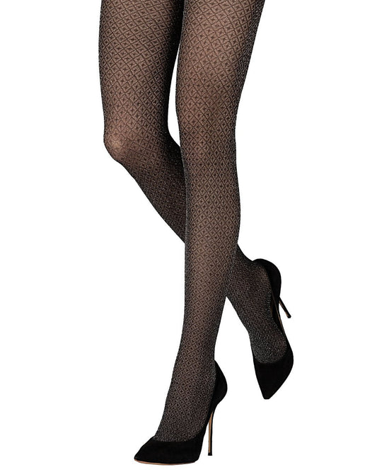Emilio Cavallini Starlight Tights - Black semi-opaque fashion tights with a diamond and dot pattern and sparkly silver lurex throughout, worn with black stilettos.