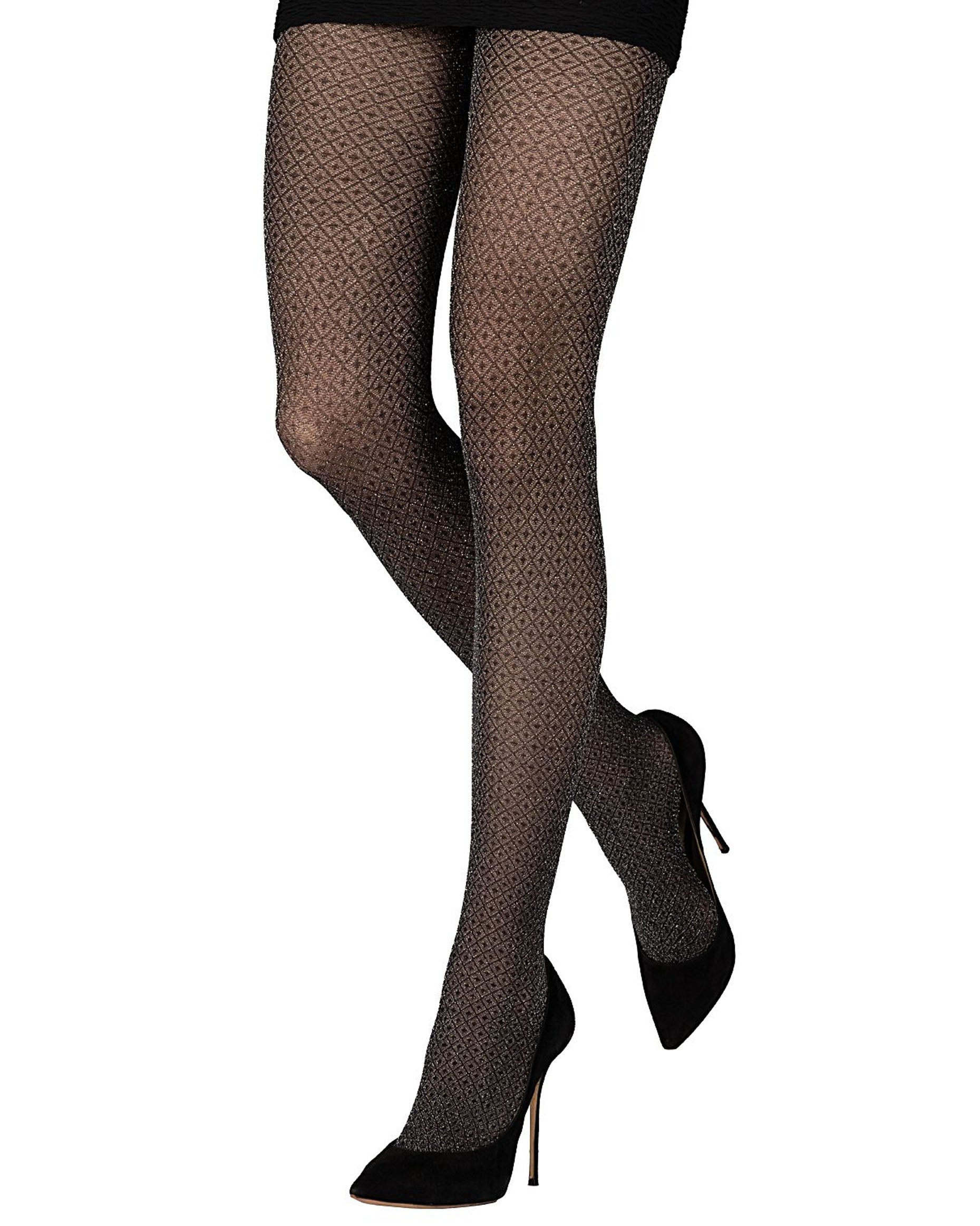 Emilio Cavallini Starlight Tights - Black semi-opaque fashion tights with a diamond and dot pattern and sparkly silver lurex throughout, worn with black mini skirt and high heel stilettos.