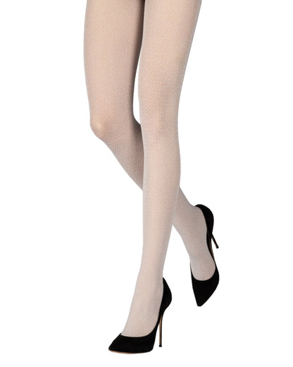 Emilio Cavallini Starlight Tights - Silver grey semi-opaque fashion tights with a diamond and dot pattern and sparkly silver lurex throughout, worn with black stilettos.
