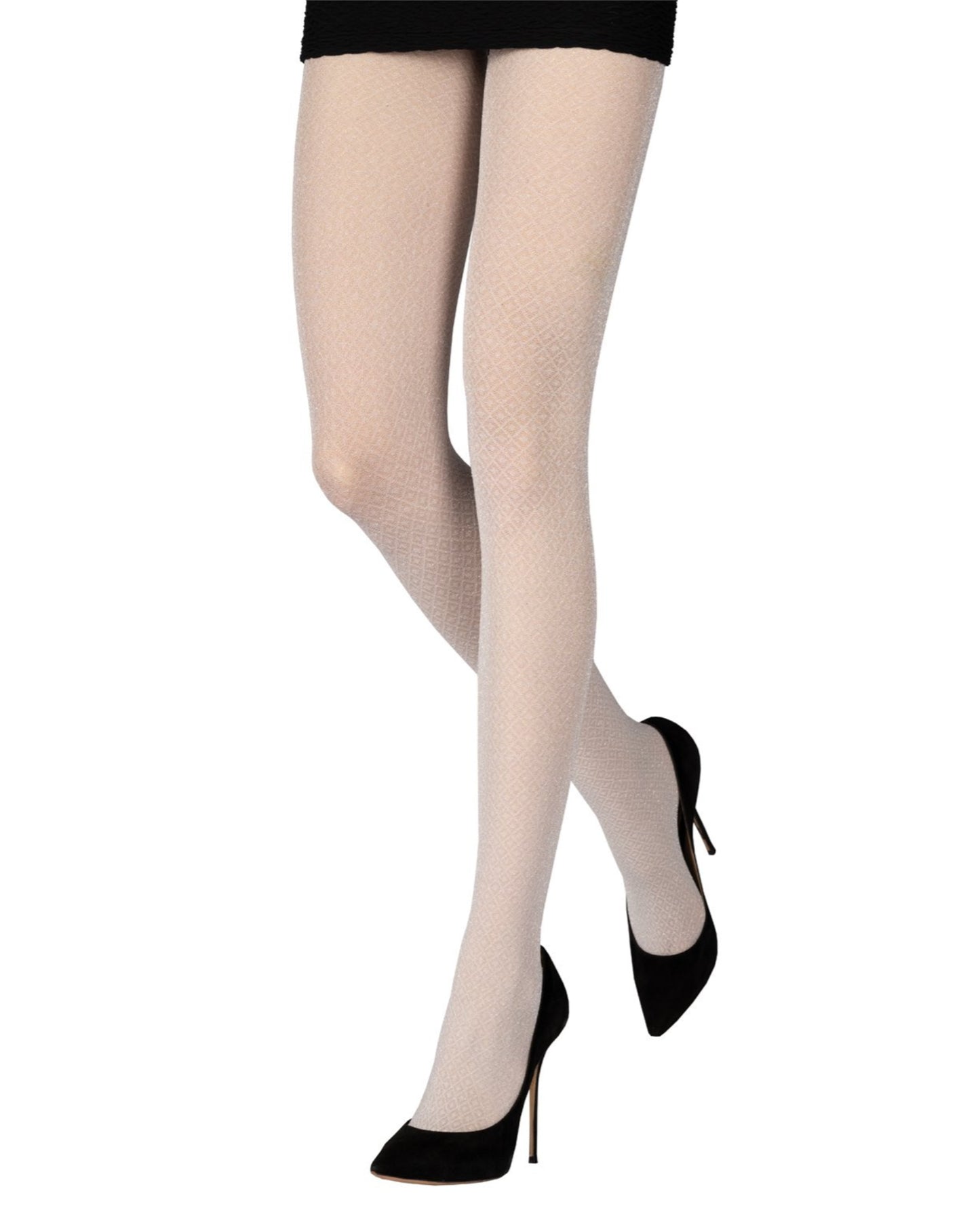 Emilio Cavallini Starlight Tights - Light grey semi-opaque fashion tights with a diamond and dot pattern and sparkly silver lurex throughout, worn with black mini skirt and high heel stilettos.