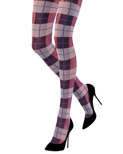 Emilio Cavallini Playful Tartan Tights - Semi-opaque fashion tights with an all colourful plaid style pattern in purple, dark pink, white and blue.