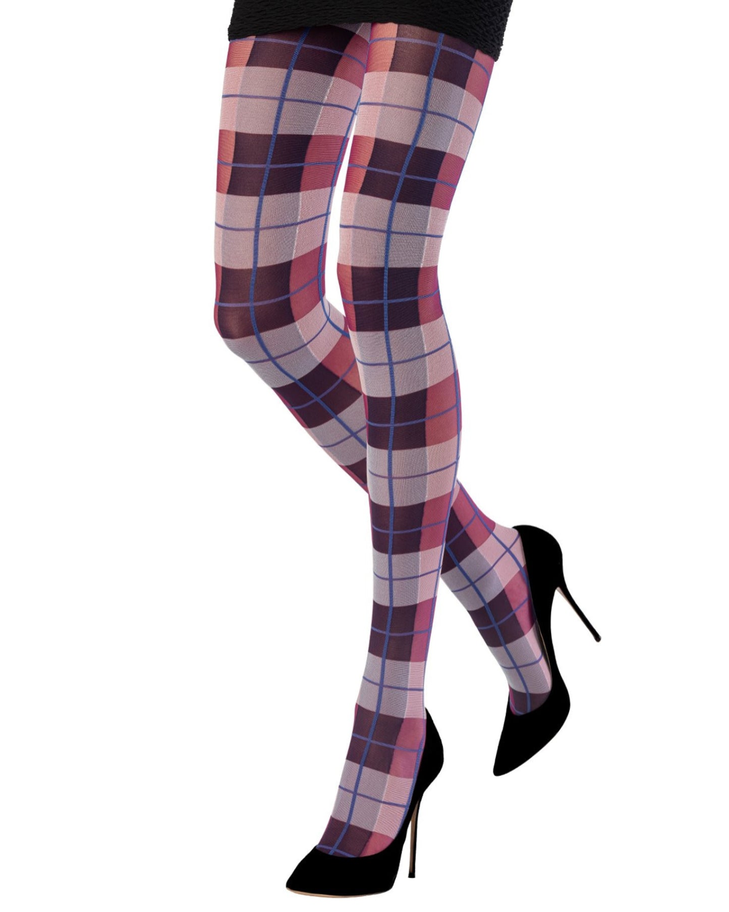 Emilio Cavallini Playful Tartan Tights - Semi-opaque fashion tights with an all colourful plaid style pattern in purple, dark pink, white and blue.