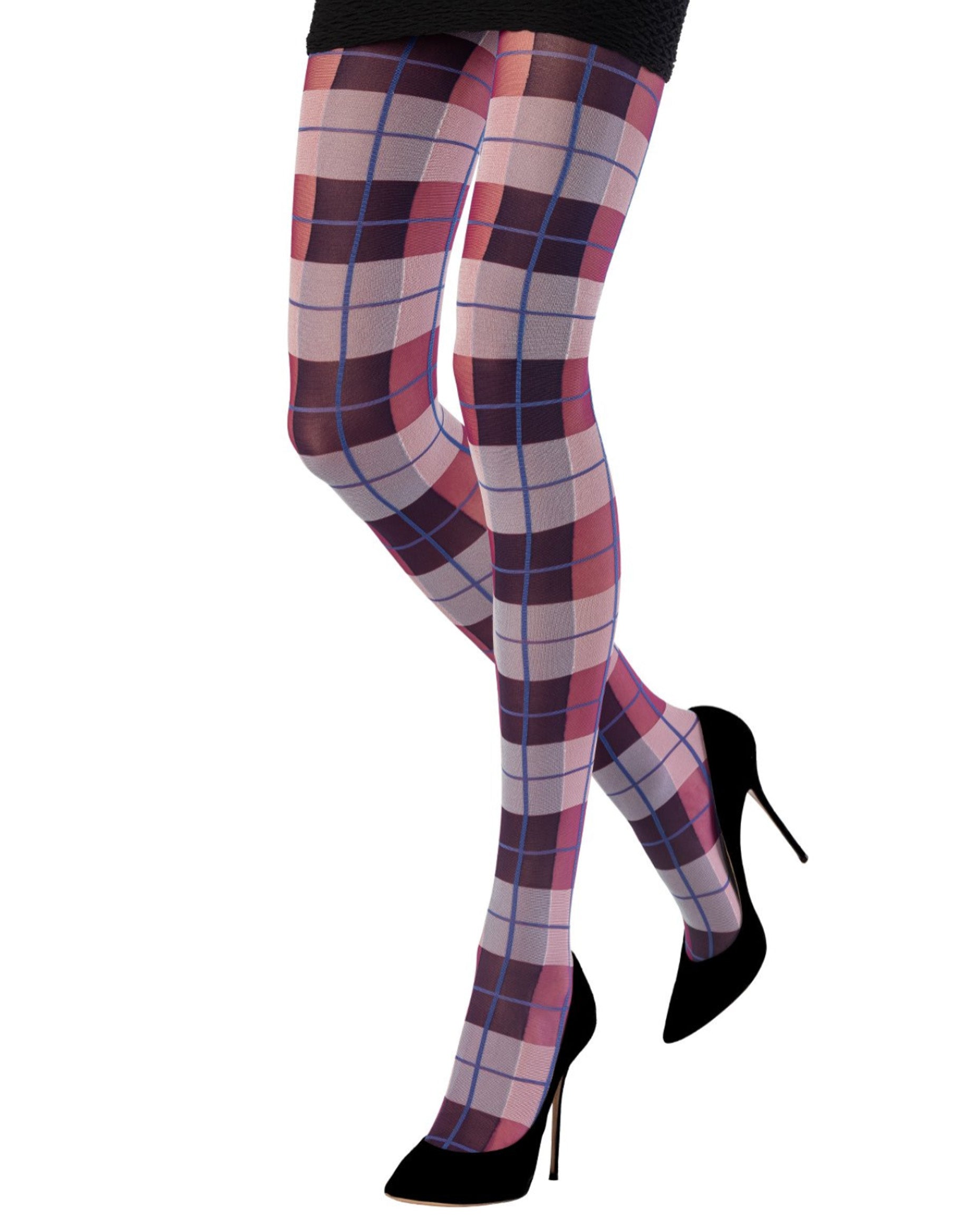 Emilio Cavallini Playful Tartan Tights - Semi-opaque fashion tights with an all colourful plaid style pattern in purple, dark pink, white and blue.