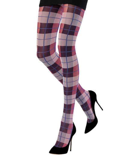 Emilio Cavallini Playful Tartan Tights - Semi-opaque fashion tights with an all colourful plaid style pattern in purple, dark pink, white and blue.