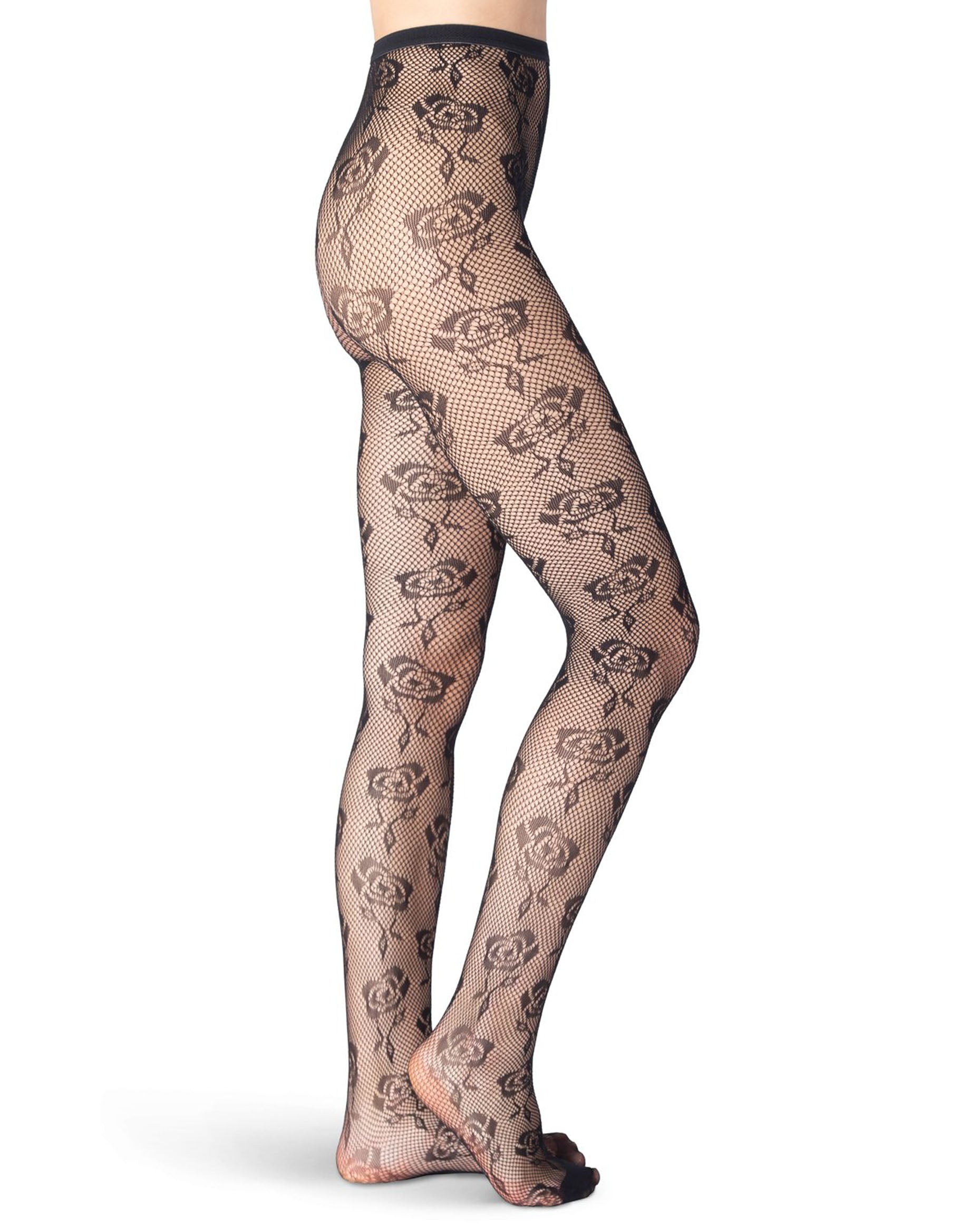 Emilio Cavallini Tiny Roses Tights - Black openwork fishnet tights with an all over roses lace style pattern, seamless body and reinforced micro-mesh toe.