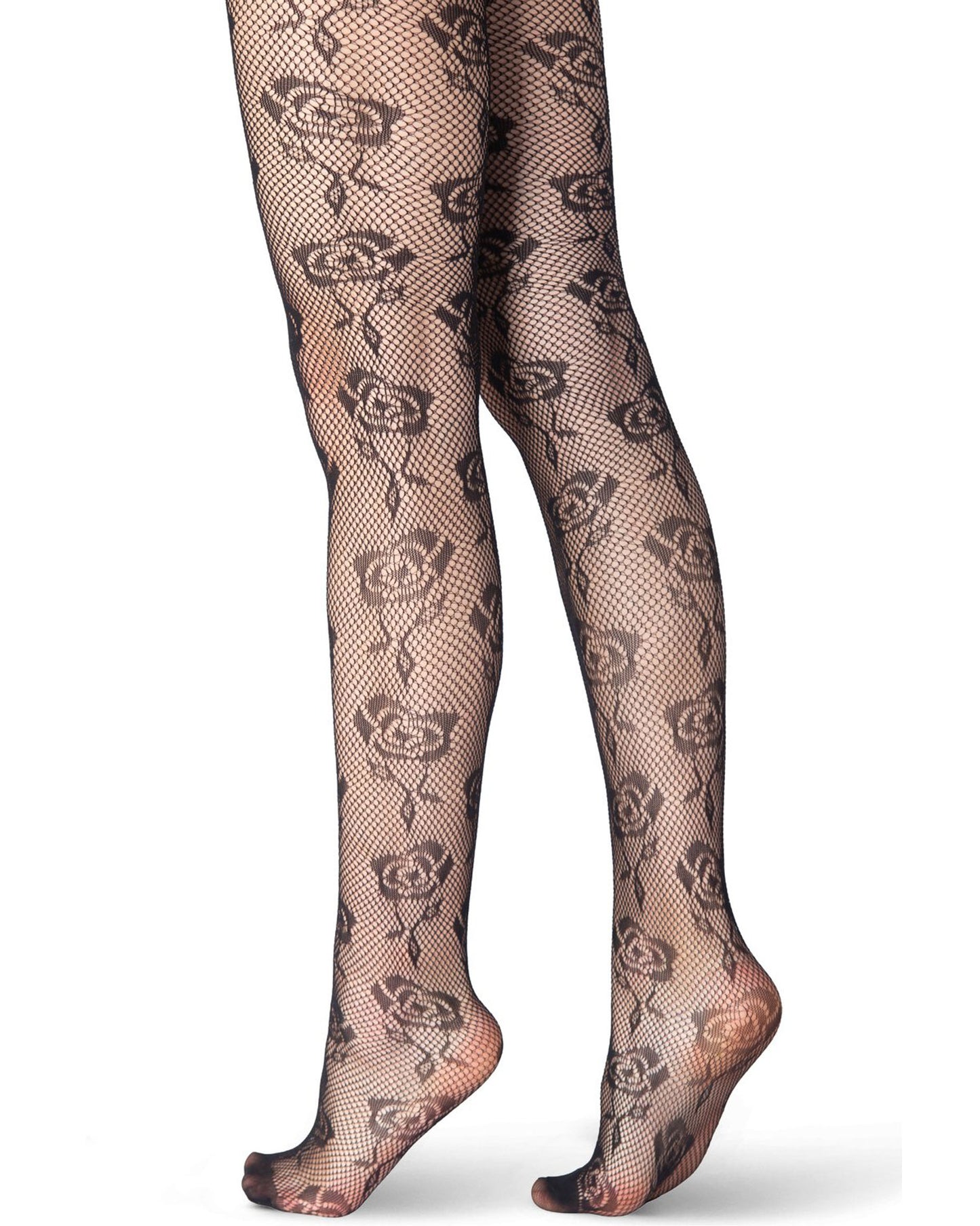 Emilio Cavallini Tiny Roses Tights - Black openwork fishnet tights with an all over roses lace style pattern, seamless body and reinforced micro-mesh reinforced toe.