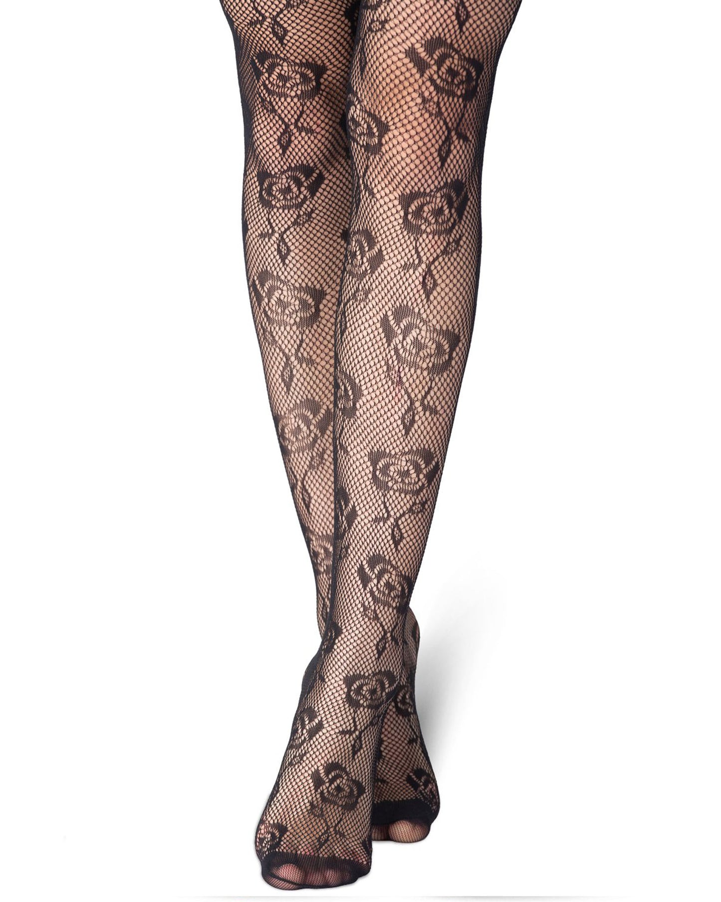 Emilio Cavallini Tiny Roses Tights - Black openwork fishnet tights with an all over roses lace style pattern and reinforced micromesh toe.