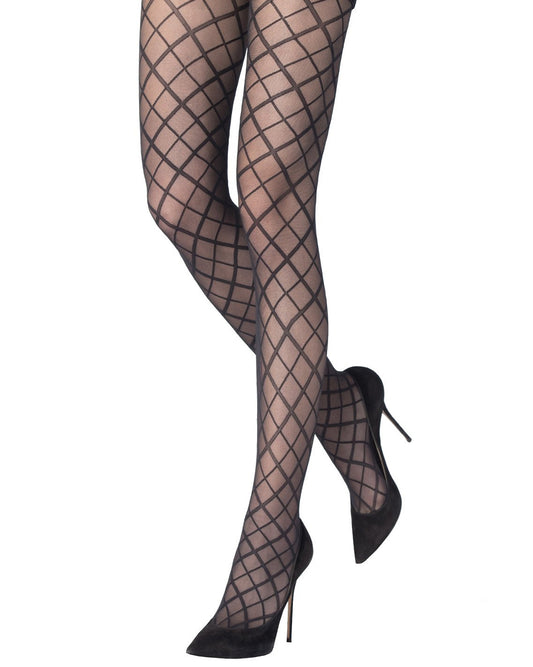 Emilio Cavallini Tone On Tone Argyle Tights - Sheer black fashion tights with a simple argyle pattern worn with black high heels.