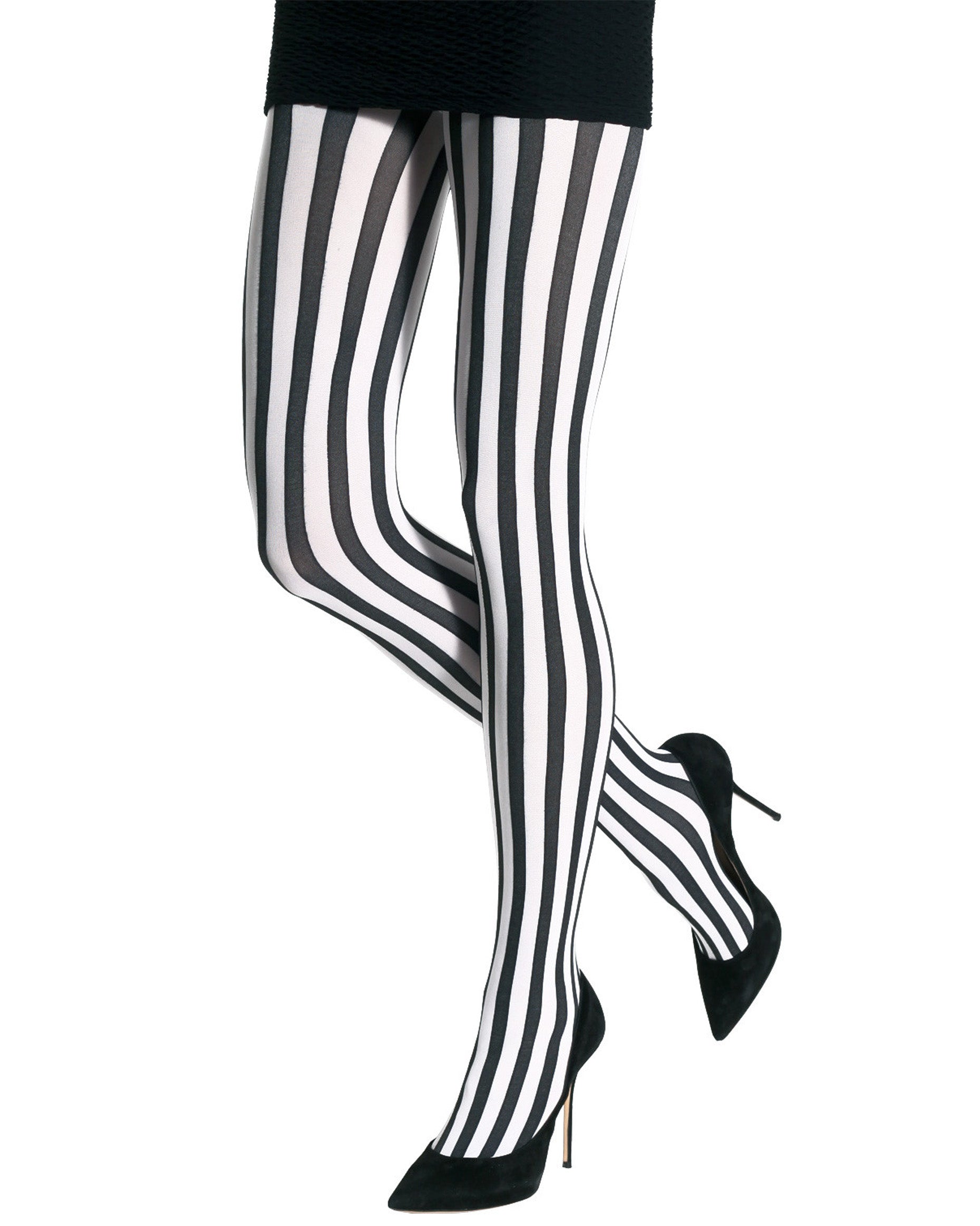 Emilio Cavallini Two Toned Vertical Stripes Tights - black and white striped tights, worn with black mini skirt and black stilettos.