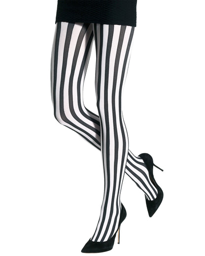 Emilio Cavallini Two Toned Vertical Stripes Tights - black and white striped tights, worn with black mini skirt and black stilettos.
