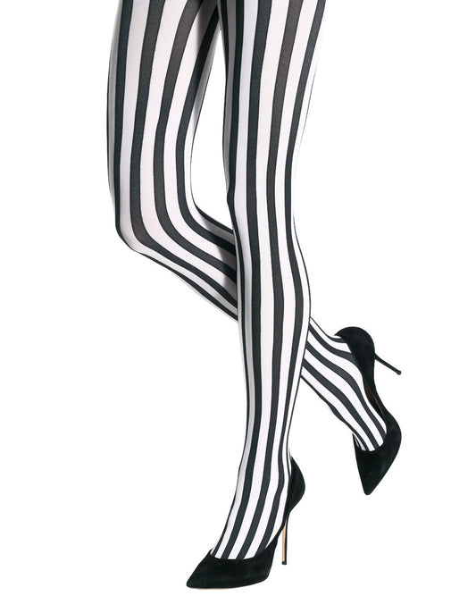 Emilio Cavallini Two Toned Vertical Stripes Tights - black and white striped tights, worn with black high heels.