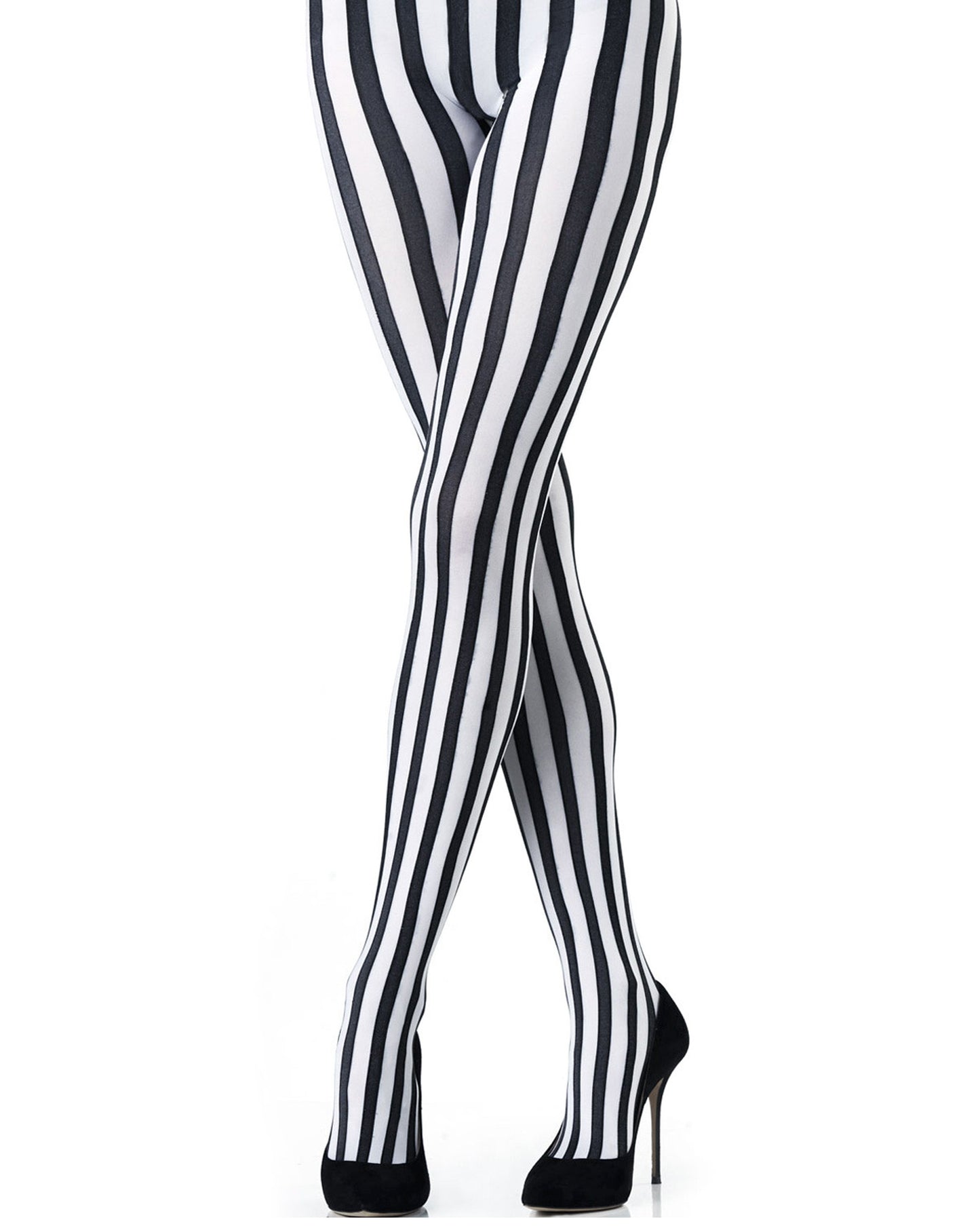 Emilio Cavallini Two Toned Vertical Stripes Tights - black and white striped tights, model has legs crossed wearing black stilettos.