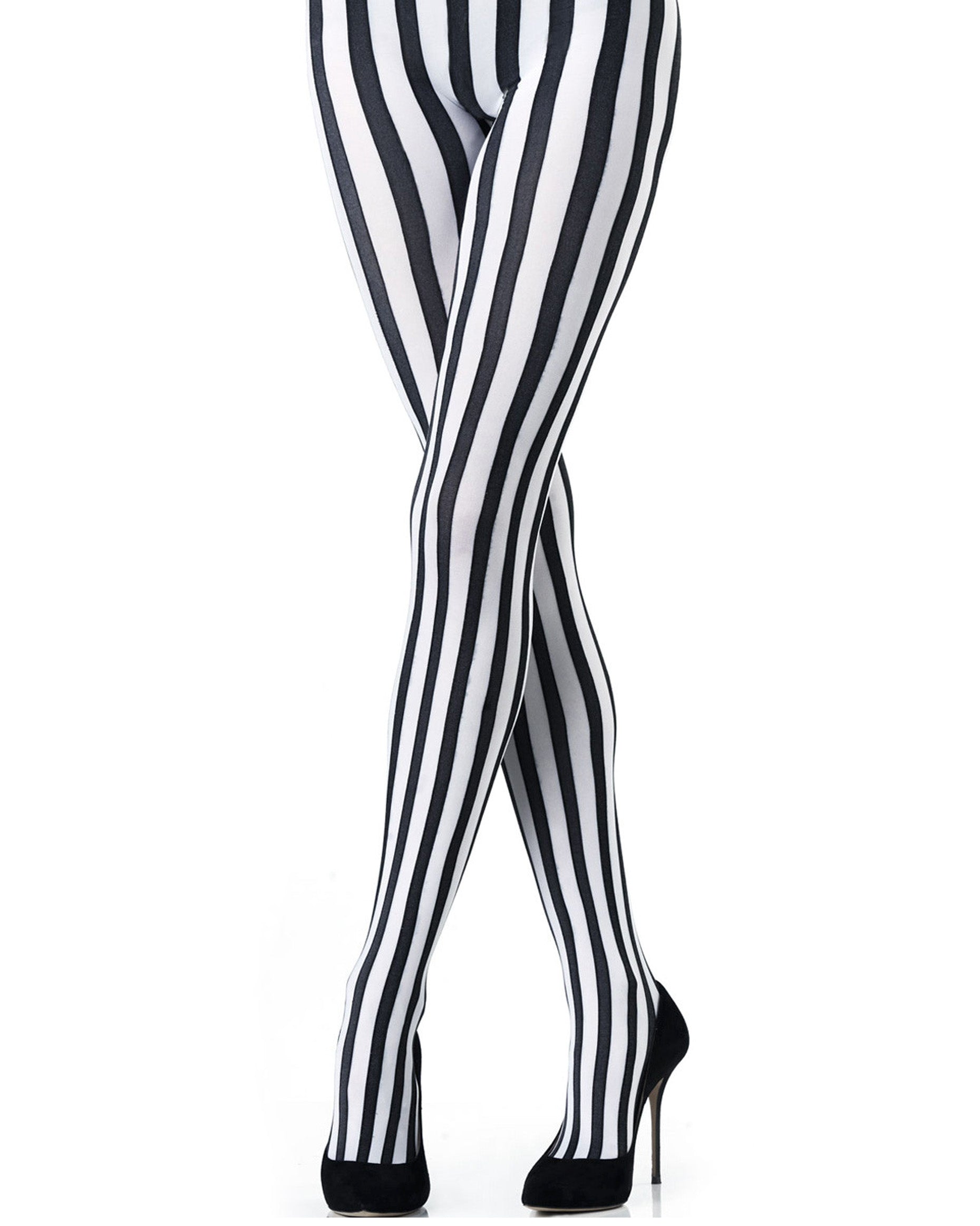 Emilio Cavallini Two Toned Vertical Stripes Tights - black and white striped tights, model has legs crossed wearing black stilettos.