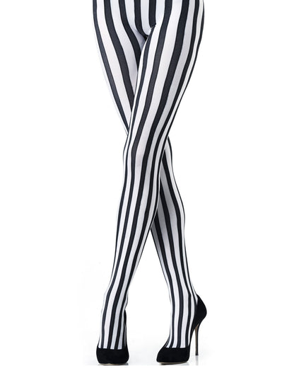 Emilio Cavallini Two Toned Vertical Stripes Tights - black and white striped tights, model has legs crossed wearing black stilettos.