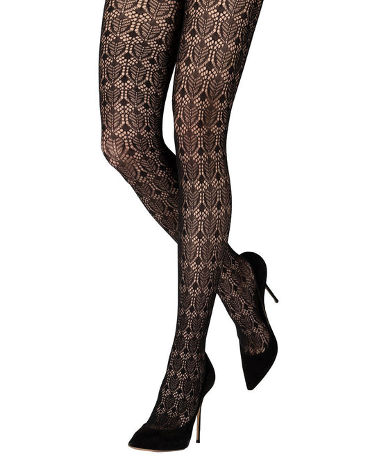 Emilio Cavallini Vintage Leaves Lace Tights - Black openwork crochet lace style fashion tights worn with black stilettos.