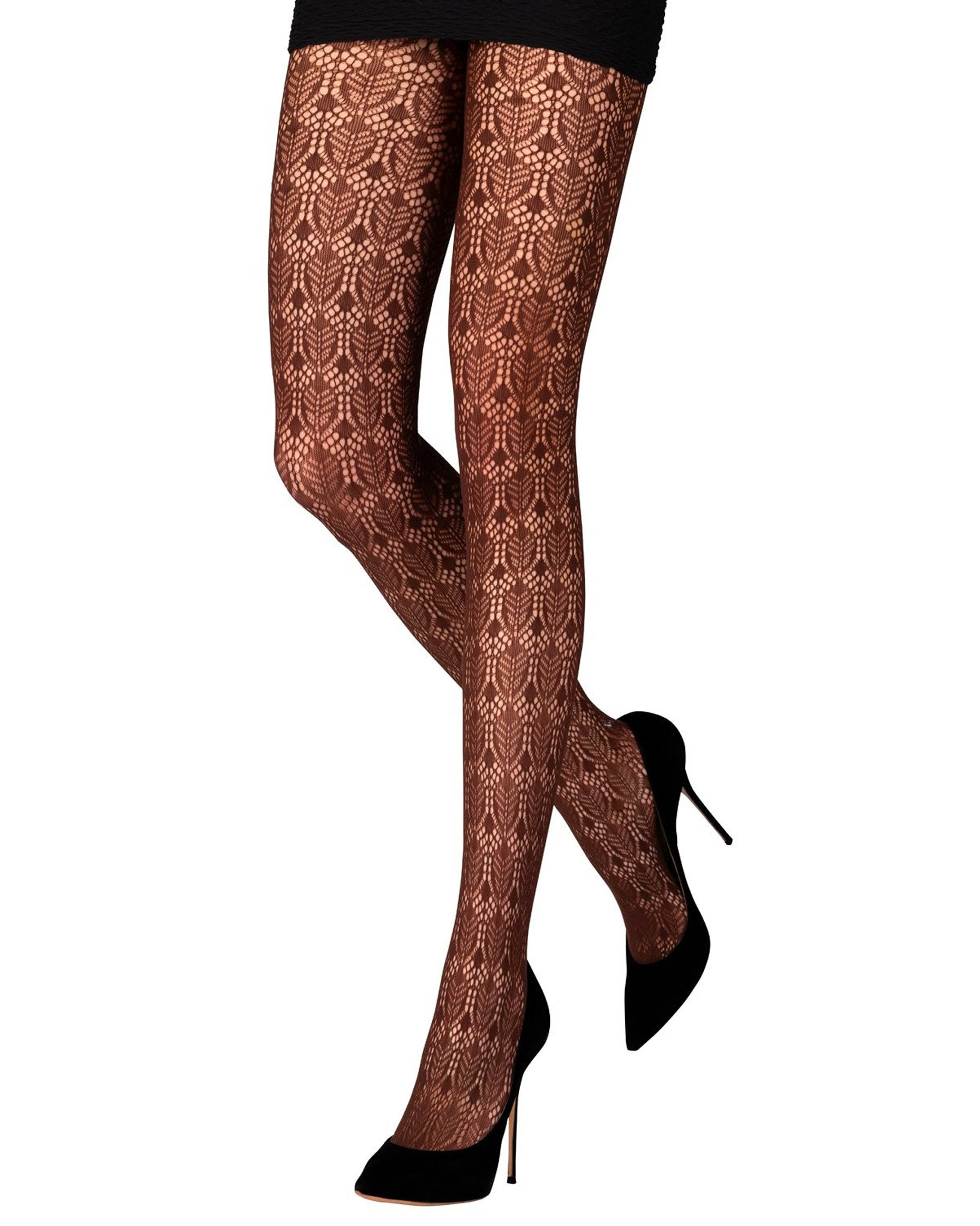 Emilio Cavallini Vintage Leaves Lace Tights - Brown openwork crochet lace style fashion tights worn with black mini skirt and high heel stilettos.