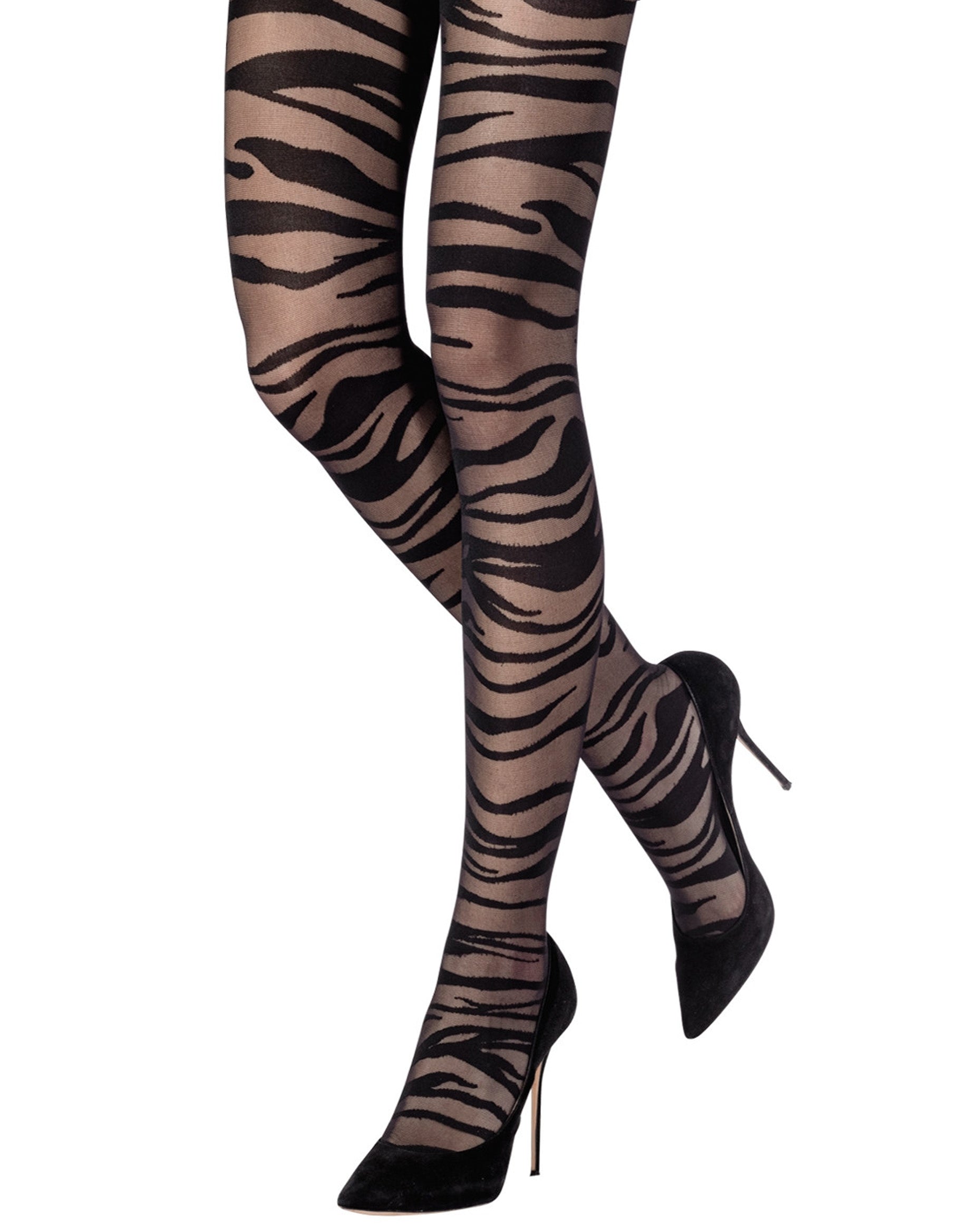 Black 
zebra patterned tights, worn with black high heels