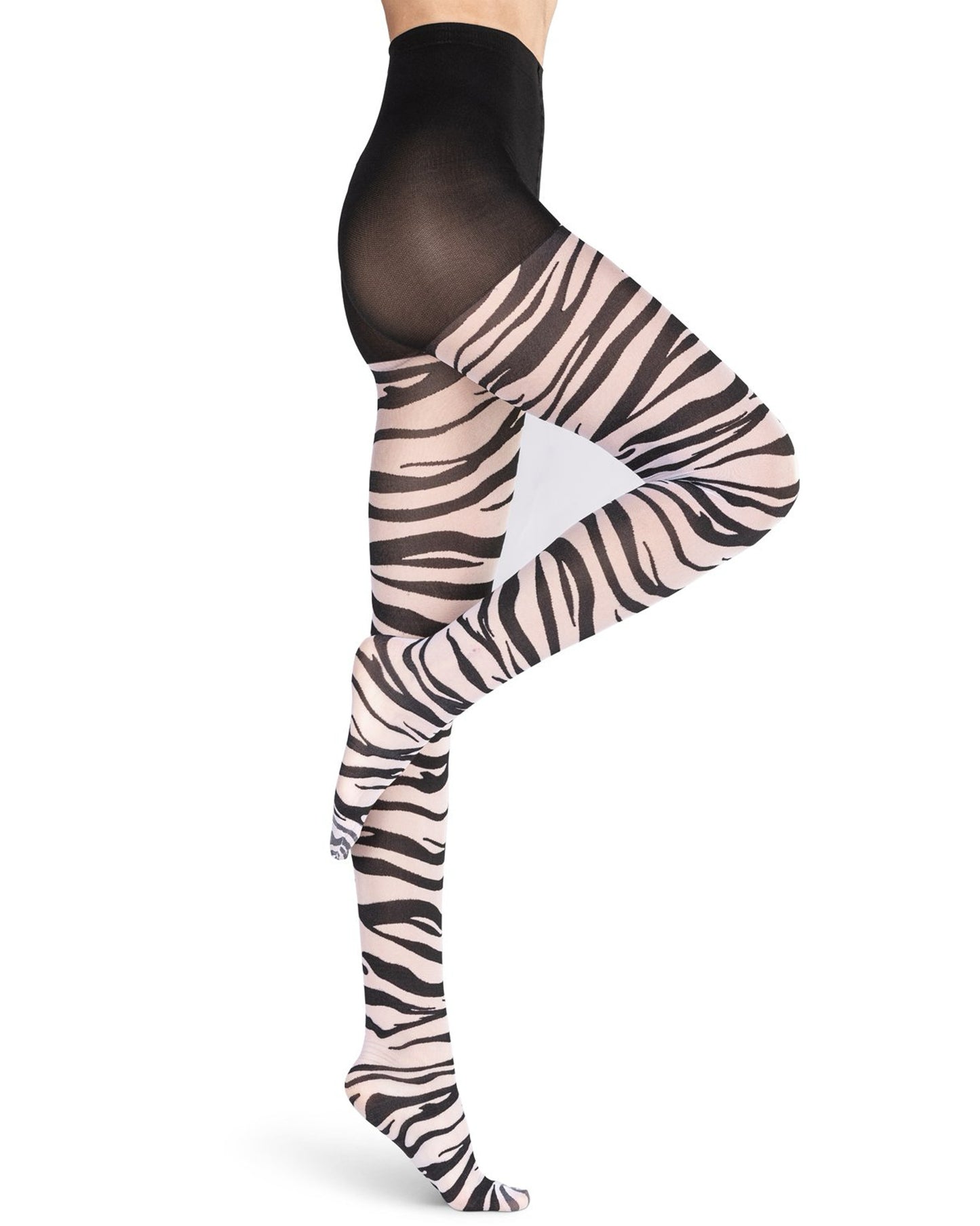 Black and white zebra patterned tights with black boxer top brief, side view.