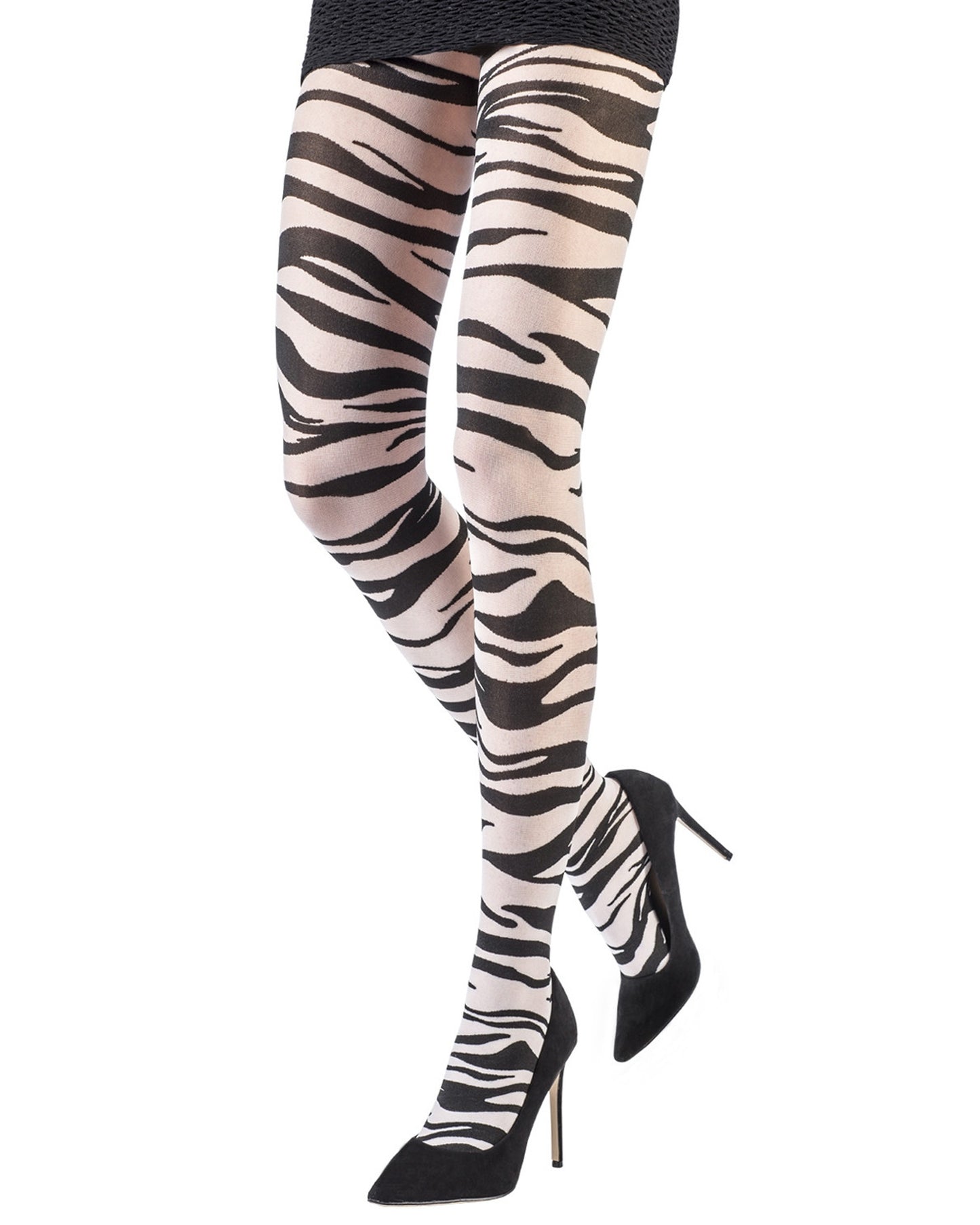 Black and white zebra patterned tights worn with black mini skirt and high heels.