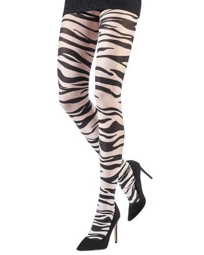 Black and white zebra patterned tights worn with black mini skirt and high heels.