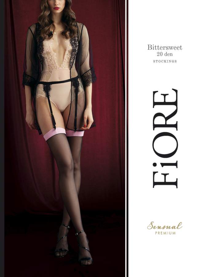 Fiore Bittersweet Stockings - Sheer black stockings with a pale light pink contrast top.