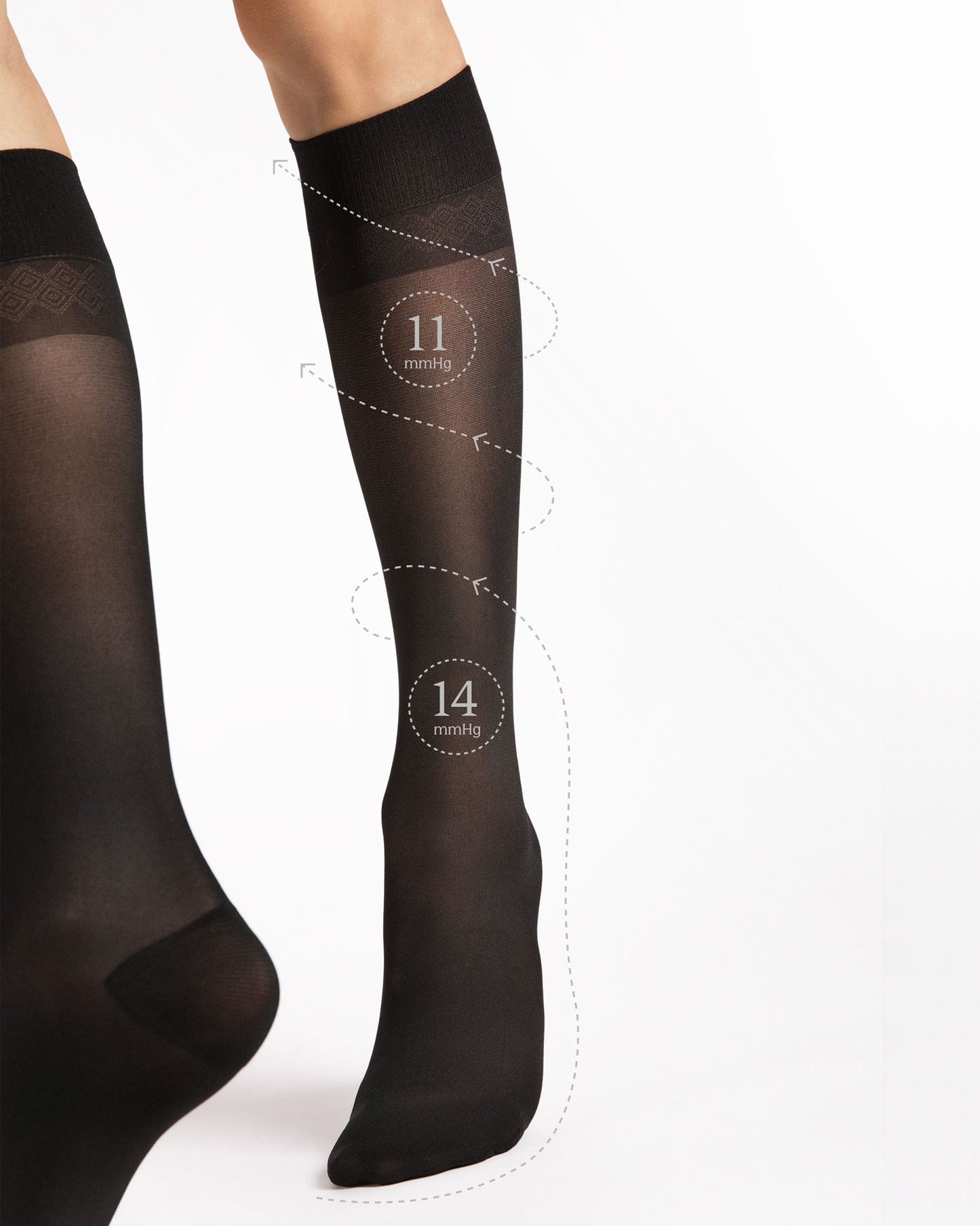 Black compression knee-high socks with measurement markings on a white background