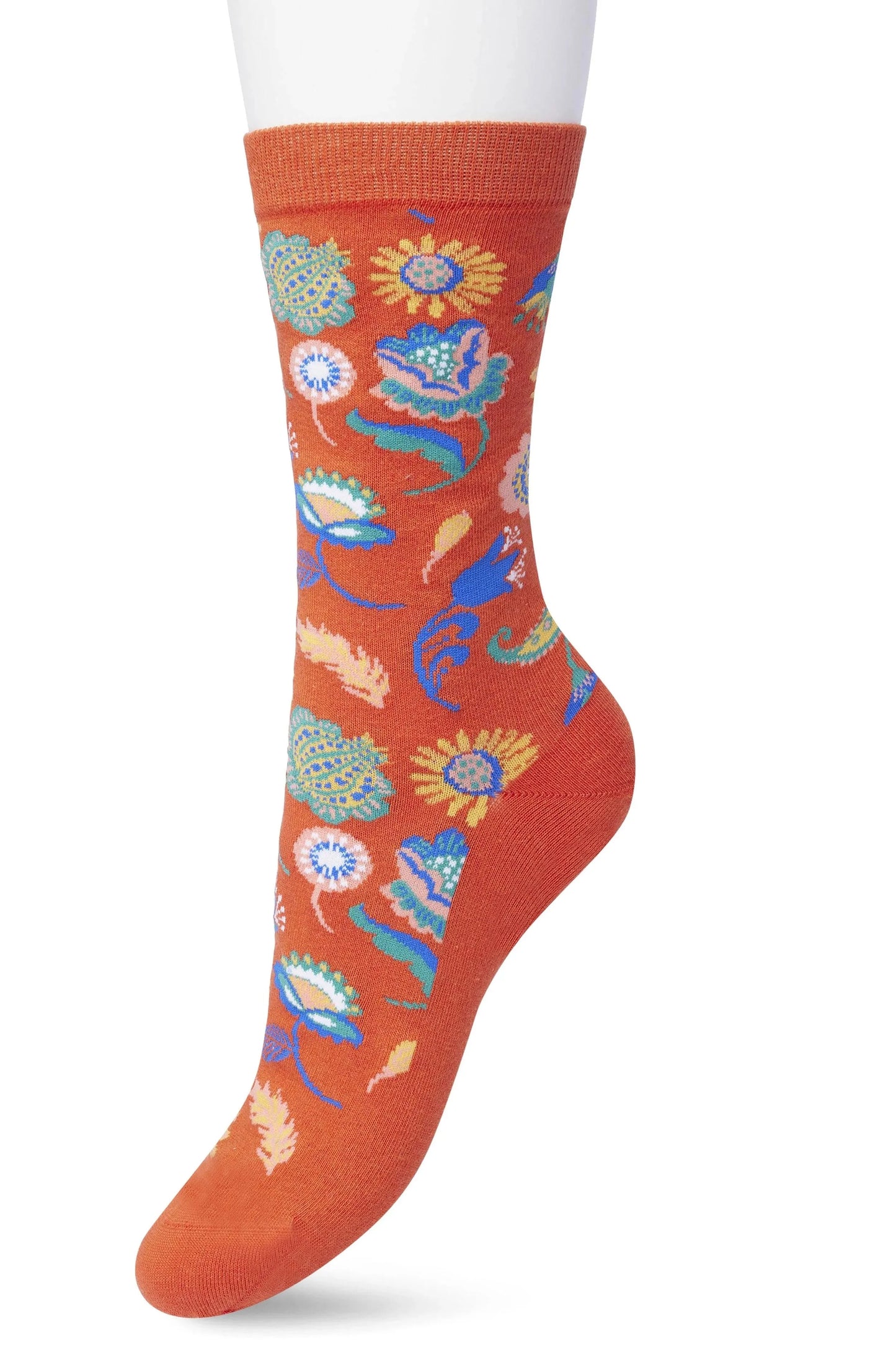 Bonnie Doon BP211121 Flower Fantasy Sock - orange cotton ankle socks with a woven multicoloured floral pattern.
