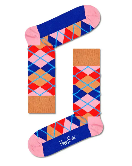 Happy Socks ARY01-8300 Argyle Sock - Cotton crew length ankle socks with a diamond argyle style pattern in royal blue, light pink, red and beige with a stripe of fluffy light blue.