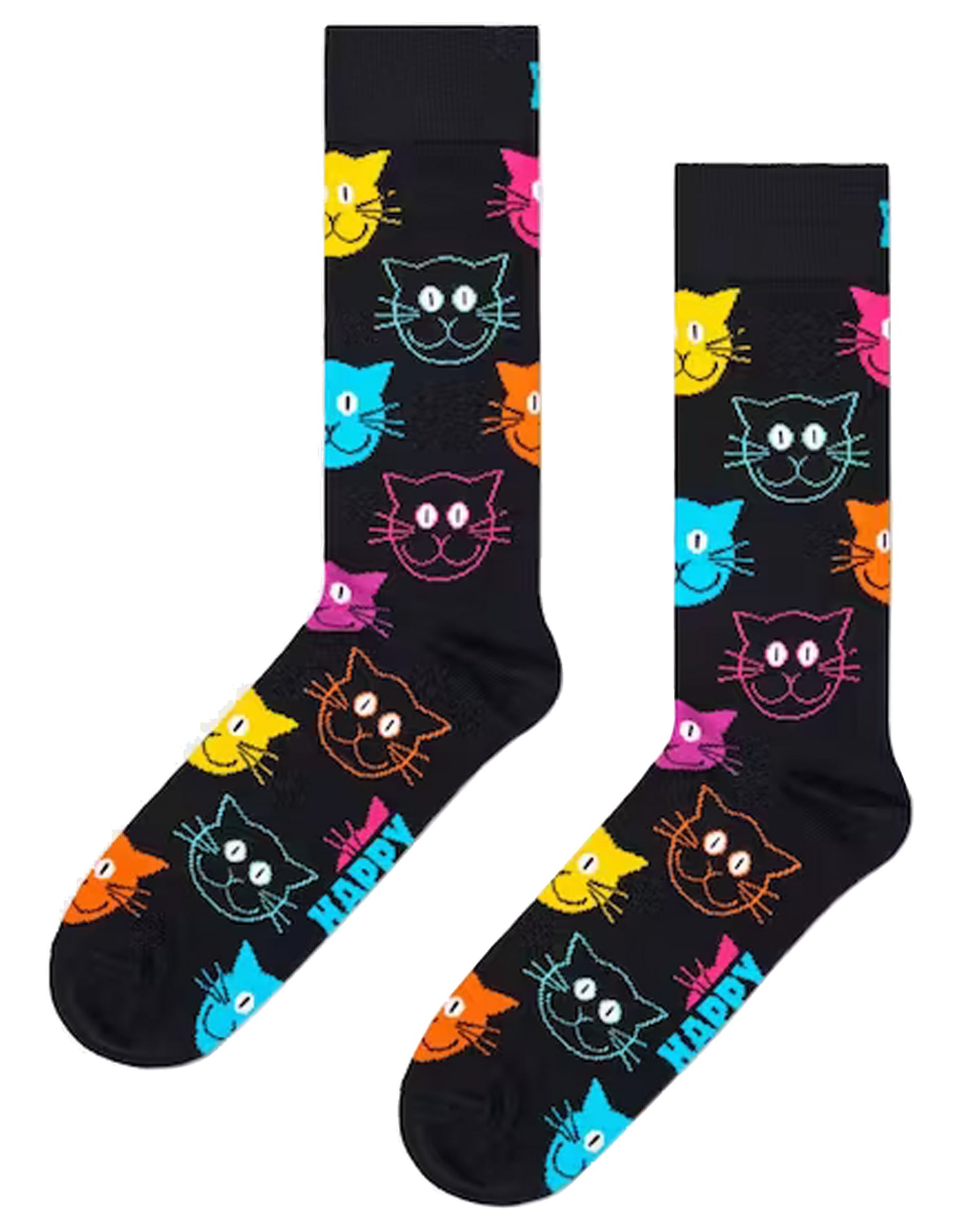 Happy Socks MJA01-9001 Cat Sock - black cotton crew socks with multicoloured cats