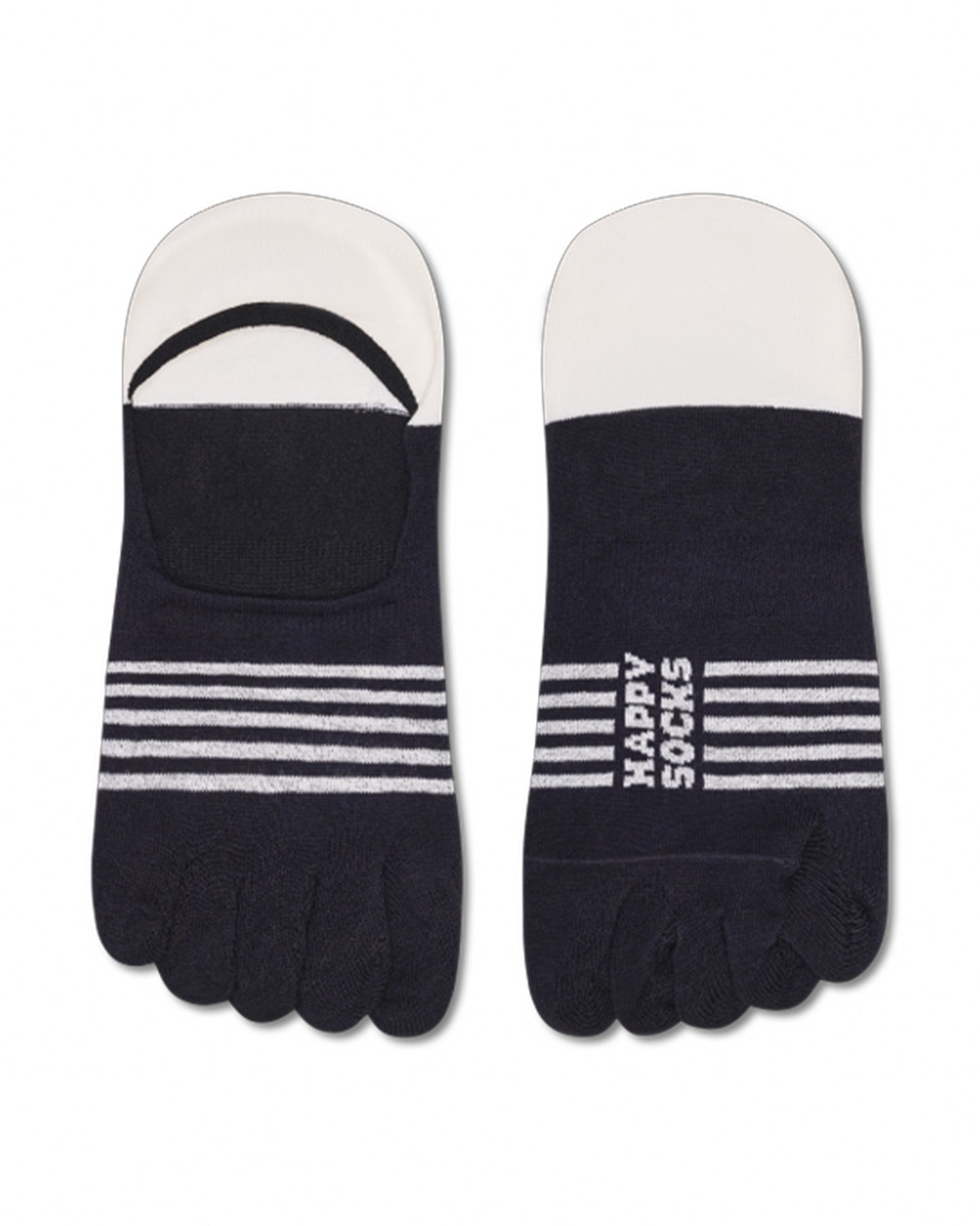 Pair of black and white five-toe socks with 'Happy Socks' branding on a white background