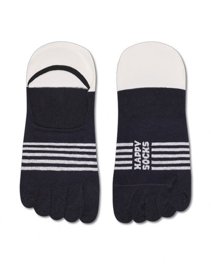 Pair of black and white five-toe socks with 'Happy Socks' branding on a white background