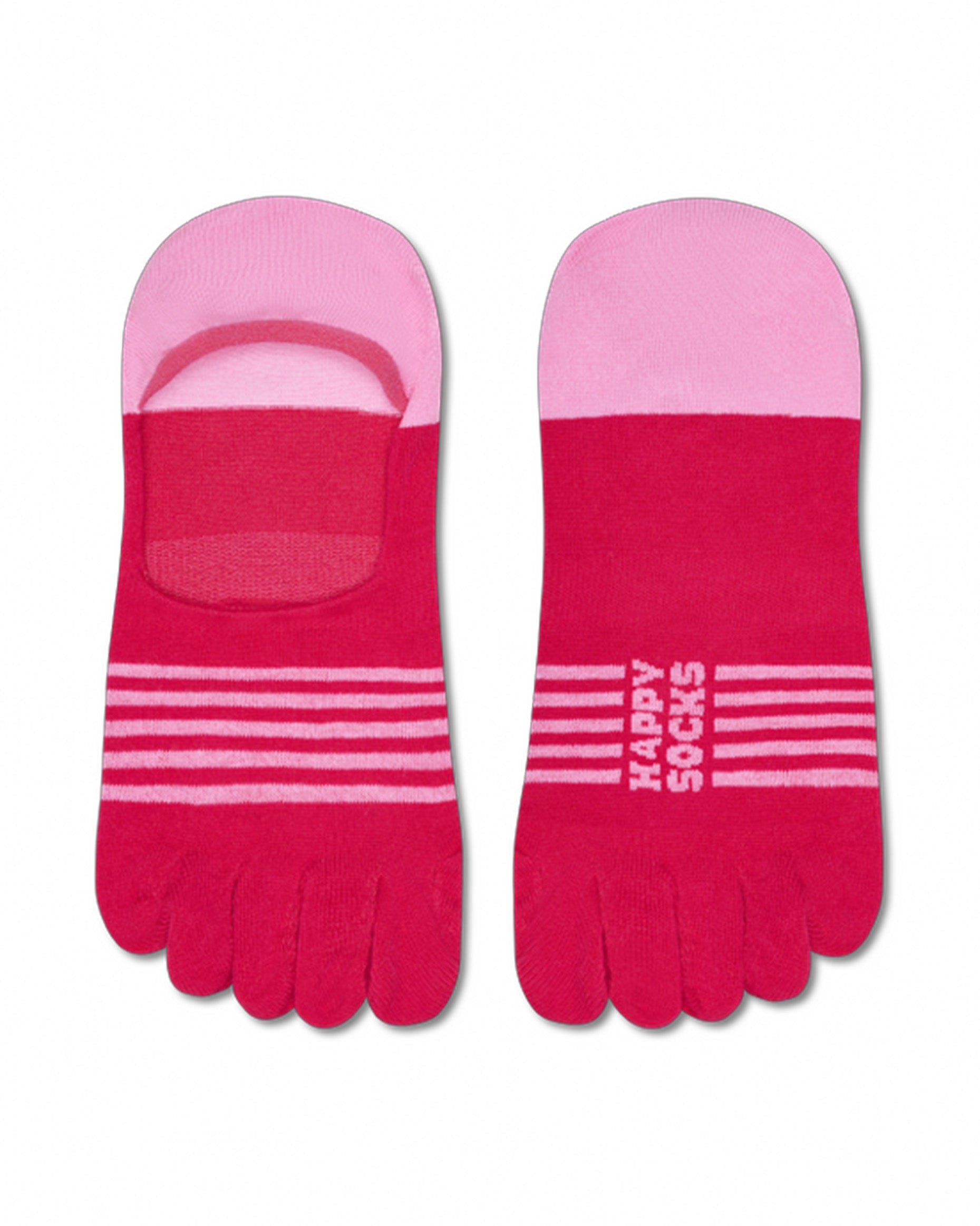 Red and pink five-finger socks with 'Happy Socks' branding on a white background