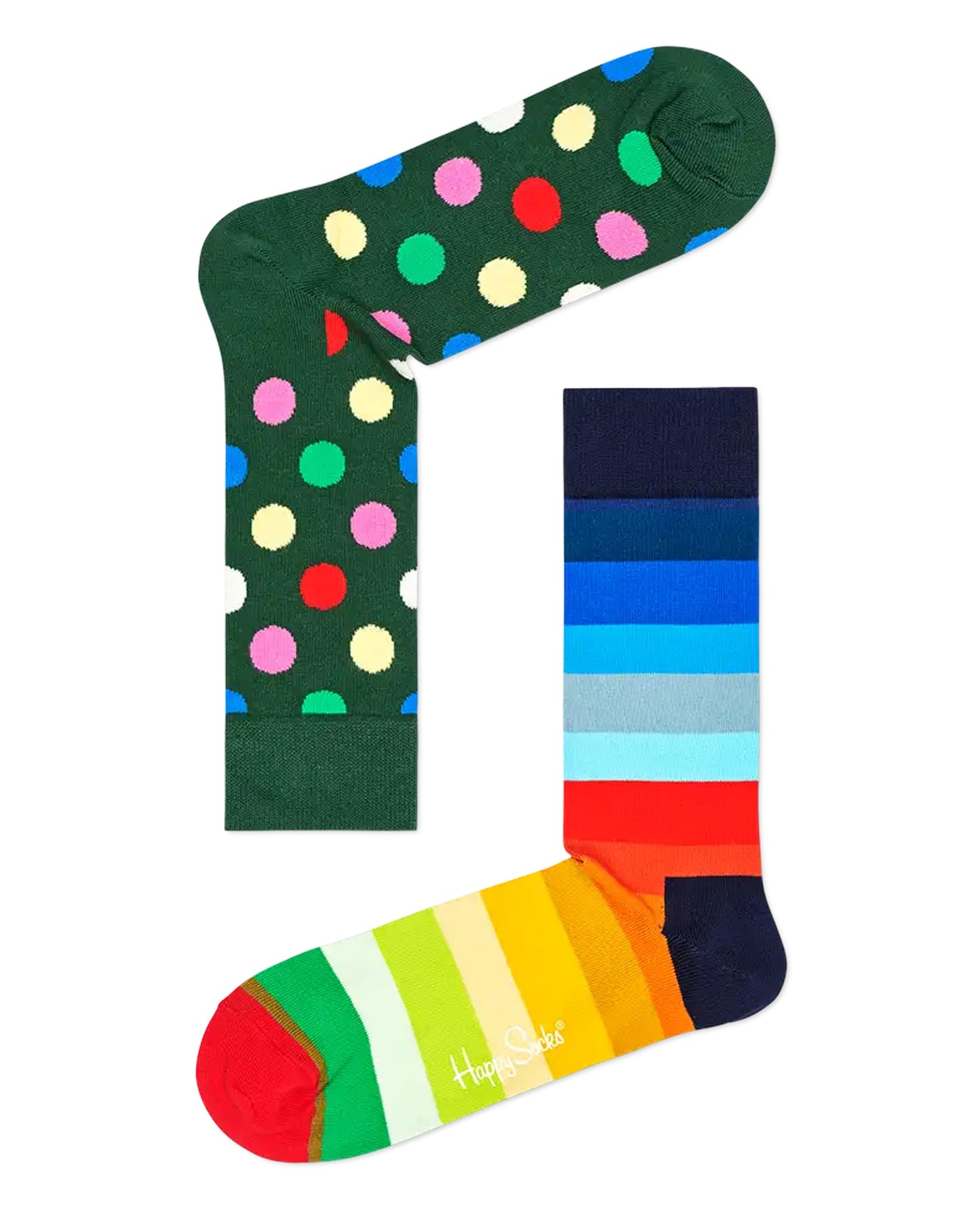 Happy Socks XBD02-7300 Classic Holiday Sock Gift Set - Christmas Cracker gift box with two pairs of socks. One pair is dark green with multicoloured polka dots and the other is multicoloured vertical stripes. Available in men and women size.