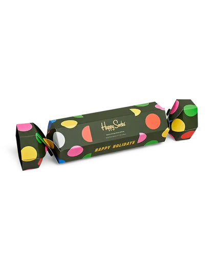 Happy Socks XBD02-7300 Classic Holiday Sock Gift Set - Christmas Cracker gift box with two pairs of socks. One pair is dark green with multicoloured polka dots and the other is multicoloured vertical stripes. Available in men and women size.