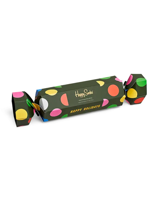 Happy Socks XBD02-7300 Classic Holiday Sock Gift Set - Christmas Cracker gift box with two pairs of socks. One pair is dark green with multicoloured polka dots and the other is multicoloured vertical stripes. Available in men and women size.